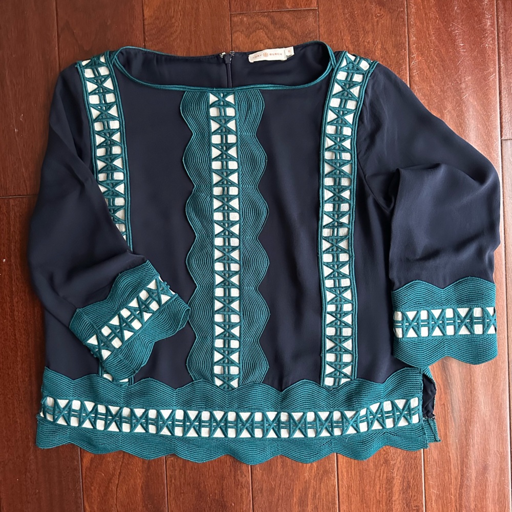 Tory Burch navy/turquoise blouse, size 12